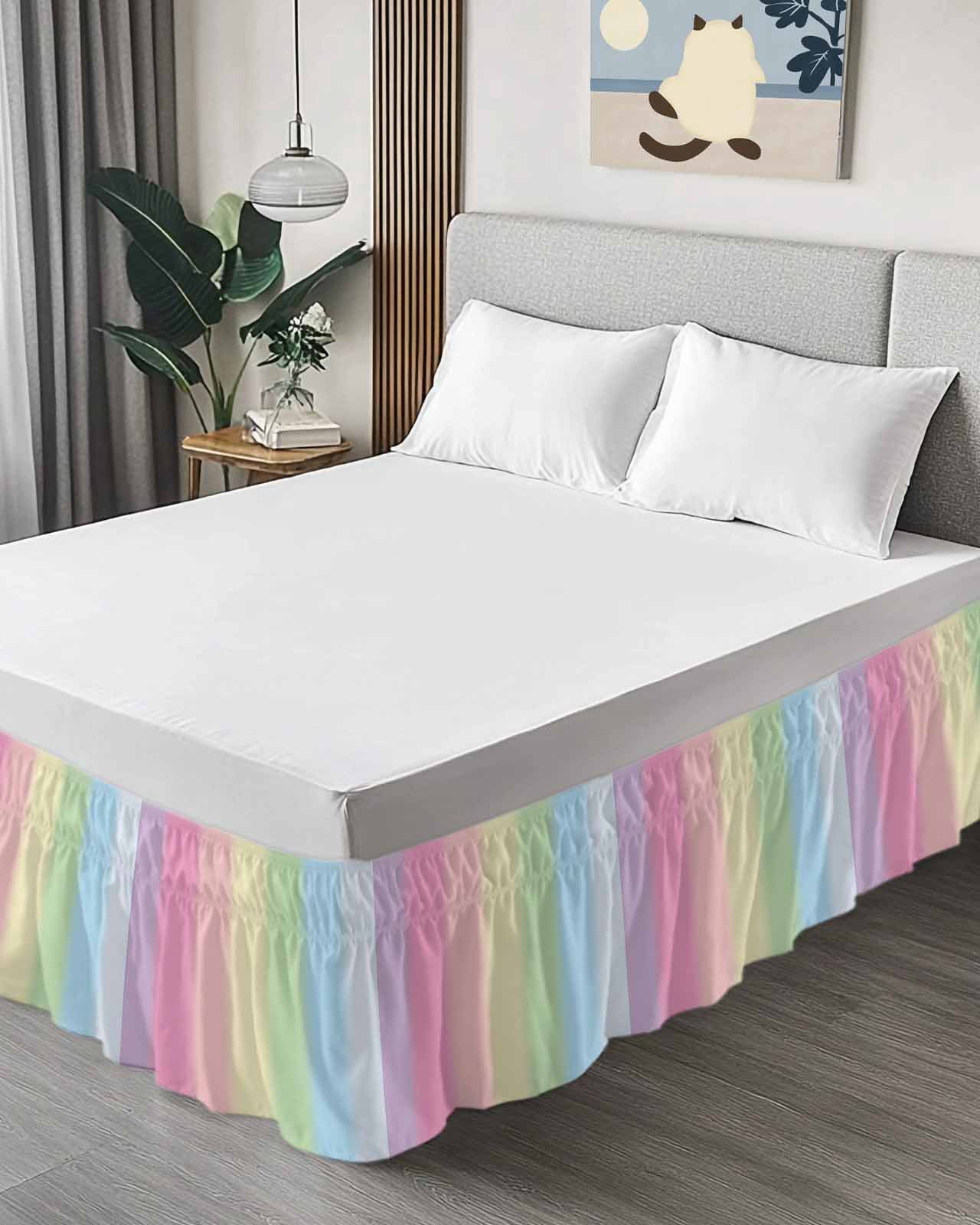 Rainbow Stripes Wrap Around Bed Skirts for Queen Bed 16" Drop,Bed Skirt with Adjustable Elastic Belt Dust Ruffle Bed Valance for Bedroom Hotel Modern Colorful Cream Striped Aesthetics Bed Frame Cover