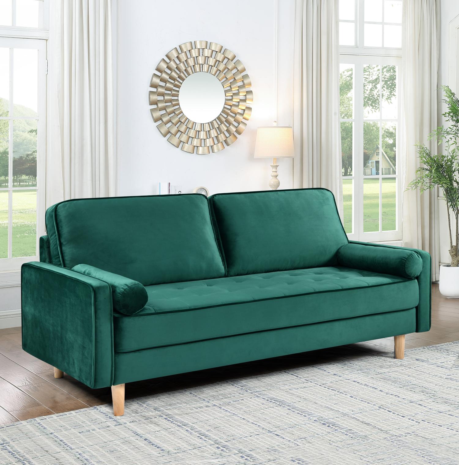 70" Modern Velvet Loveseat Sofa Couch,Mid-Century Tufted Upholstered Small Love Seat Couch with 2 Pillows for Compact Space,Living Room,Apartment,Green