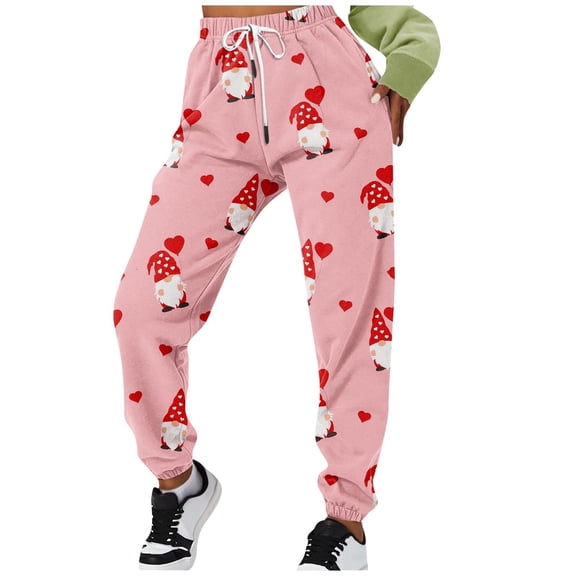 Baggy Sweatpants Women Valentine's Day Heart Print Straight Relaxed Fit Joggers Pants With Drawstring High Wais Casual Trousers With Pocket Pink M