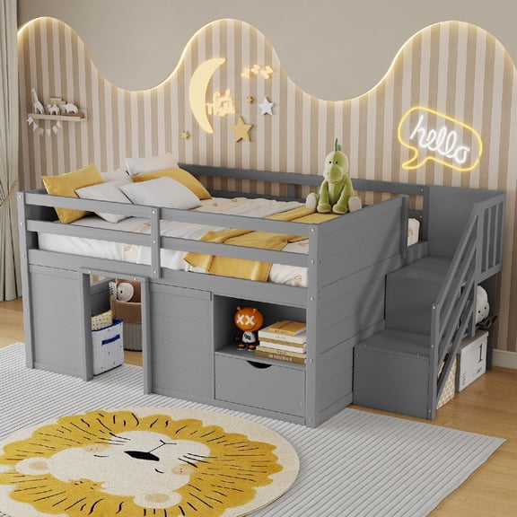 Twin Size Loft Bed Frame with Storage staircase and Underbed Space, LED Light Wood Low Loft Bed with Storage Drawers and Shelf for Bedroom, Apartment, Dorm, Mattress not included, Gray