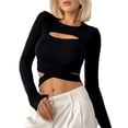 thumbnail image 2 of Womens Cutout Tops Basic Long Sleeve Round Neck Slim Fit T-Shirts Black S, 2 of 9