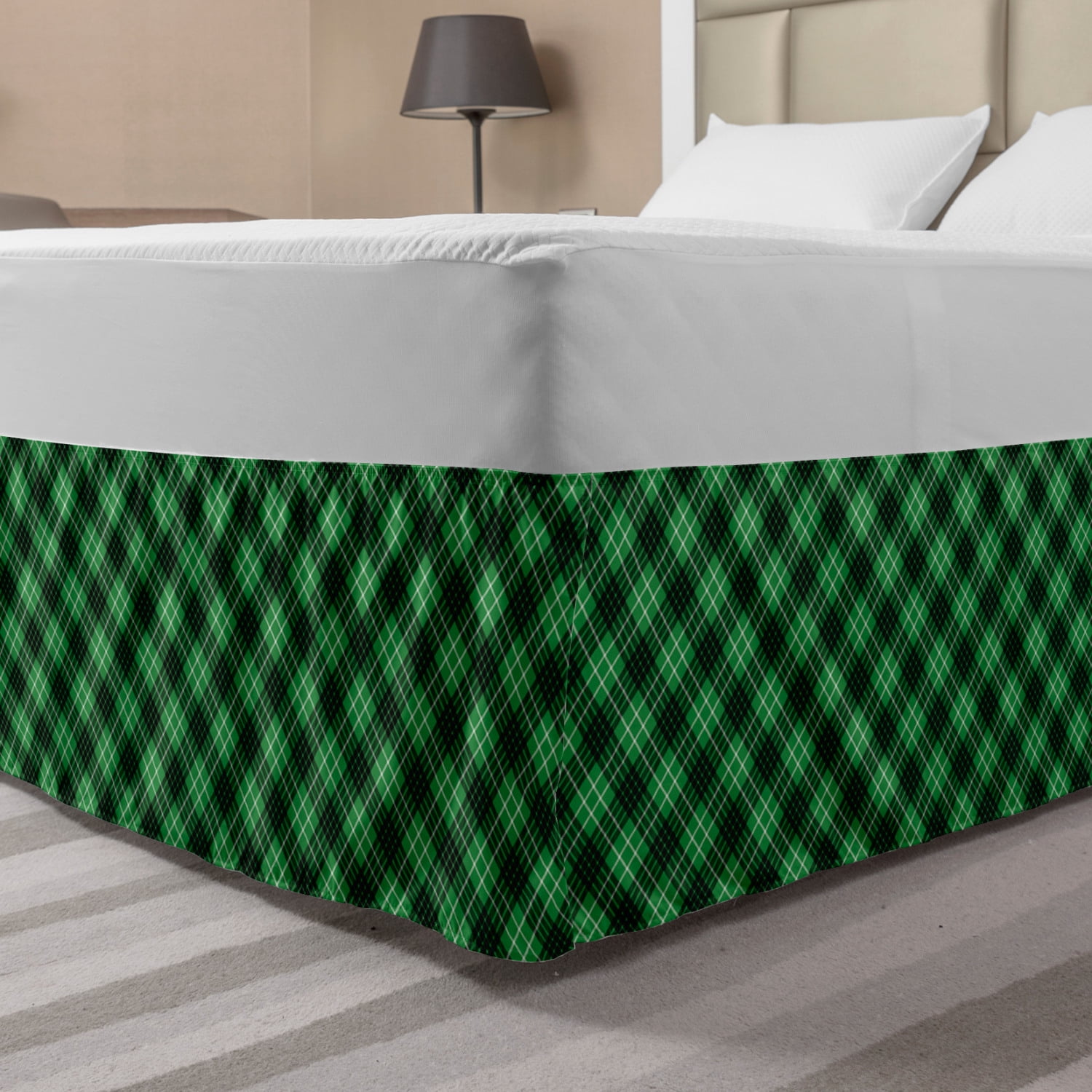 Plaid Bed Skirt, Diagonal Tartan Vibrant Green Color Geometrical Design