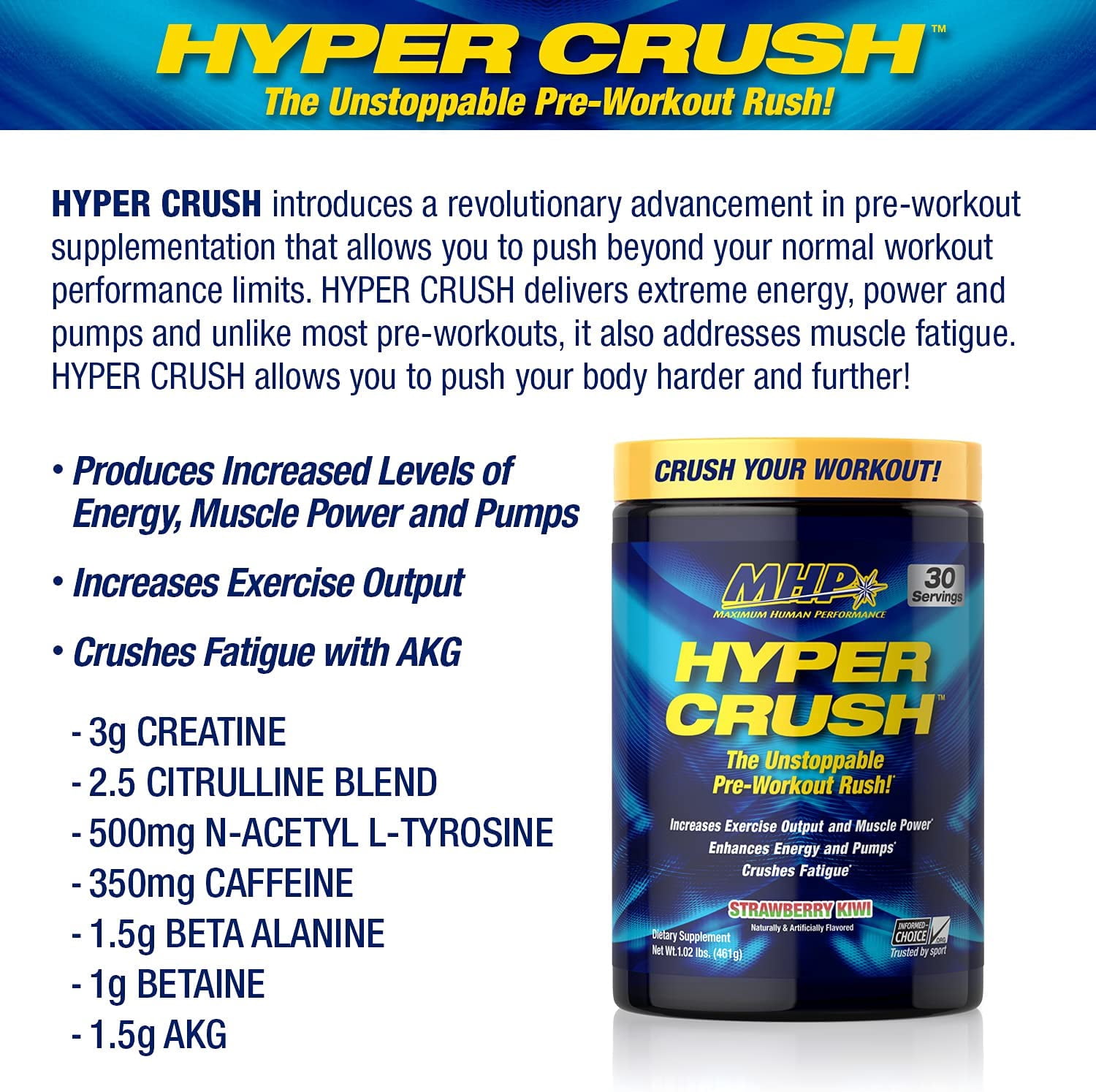 MHP Hyper Crush Pre-Workout Powder – Energy, Pumps & Fatigue Support – 3 g Creatine, Citrulline, 350 mg Caffeine – Strawberry Kiwi, 30 Servings
