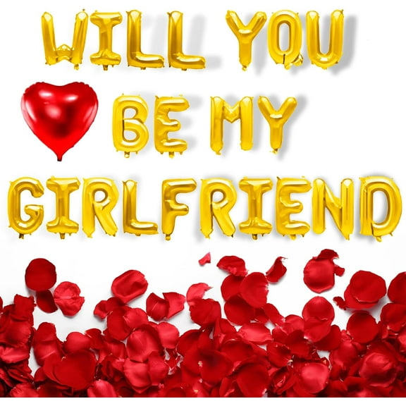 Will You Be My Girlfriend Balloons - 16'' Balloon Letters, Alphabet Foil Mylar Balloon with 1000pcs Artificial Rose Petals for Valentine Day Decorations (Will You Be My Girlfriend Balloons Gold)