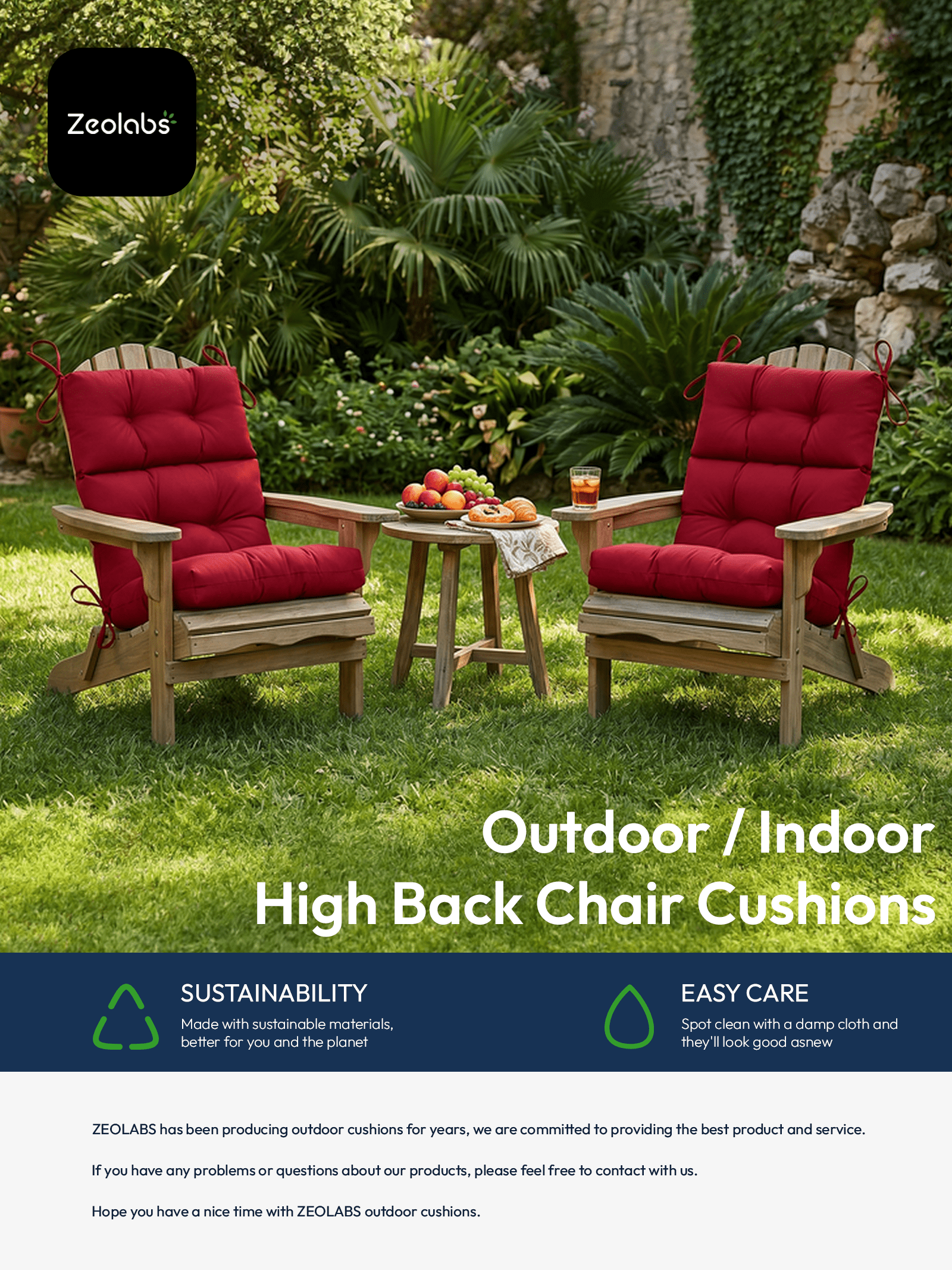 ZEOLABS Outdoor High Back Chair Cushions Set of 2,Waterproof Tufted Lawn Adirondack,Rocking Chair Seat Cushions with Ties for Patio Furniture, 45x28 Inch, Aqua Blue