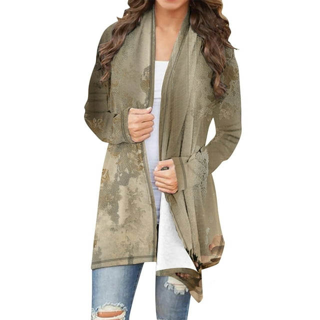 Enjoytime Cardigan Surdimensionné d'Automne Léger Ouvert Imprimé Floral Manches Longues Chandail en Molleton Décontracté