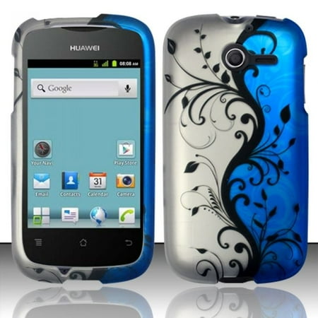 Rubberized Blue Snap - For Huawei Ascend Y H866C Rubberized HARD Case Snap On Phone Cover Blue Vines