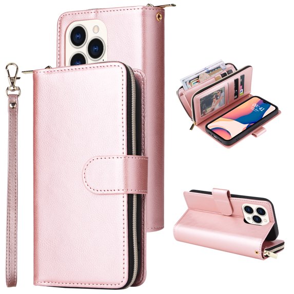 SaniMore for iPhone 14 Pro Max (6.7" 2022) 3 in 1 Case, Zipper Purse Cover + Card Slots + Kickstand + Detachable Lanyard Comprehensive Protective Shockproof Anti-drop Shell, Rosegold