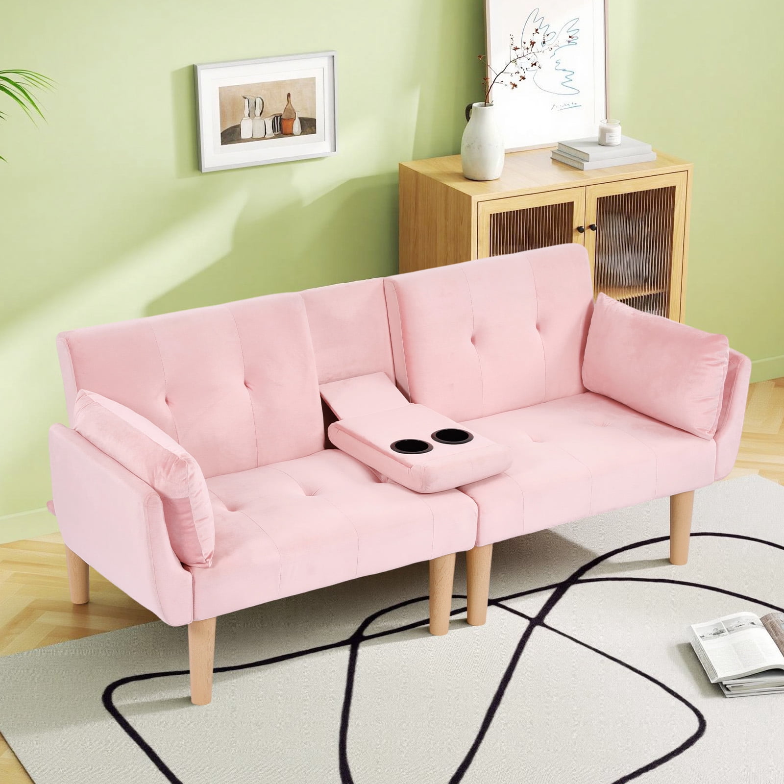 Leumius 72 Inch Futon Sofa Bed,Velvet Futon Couch with Adjustable Backrest and Cupholders,Suitable for Apartment,Living Room,Small Space,Pink