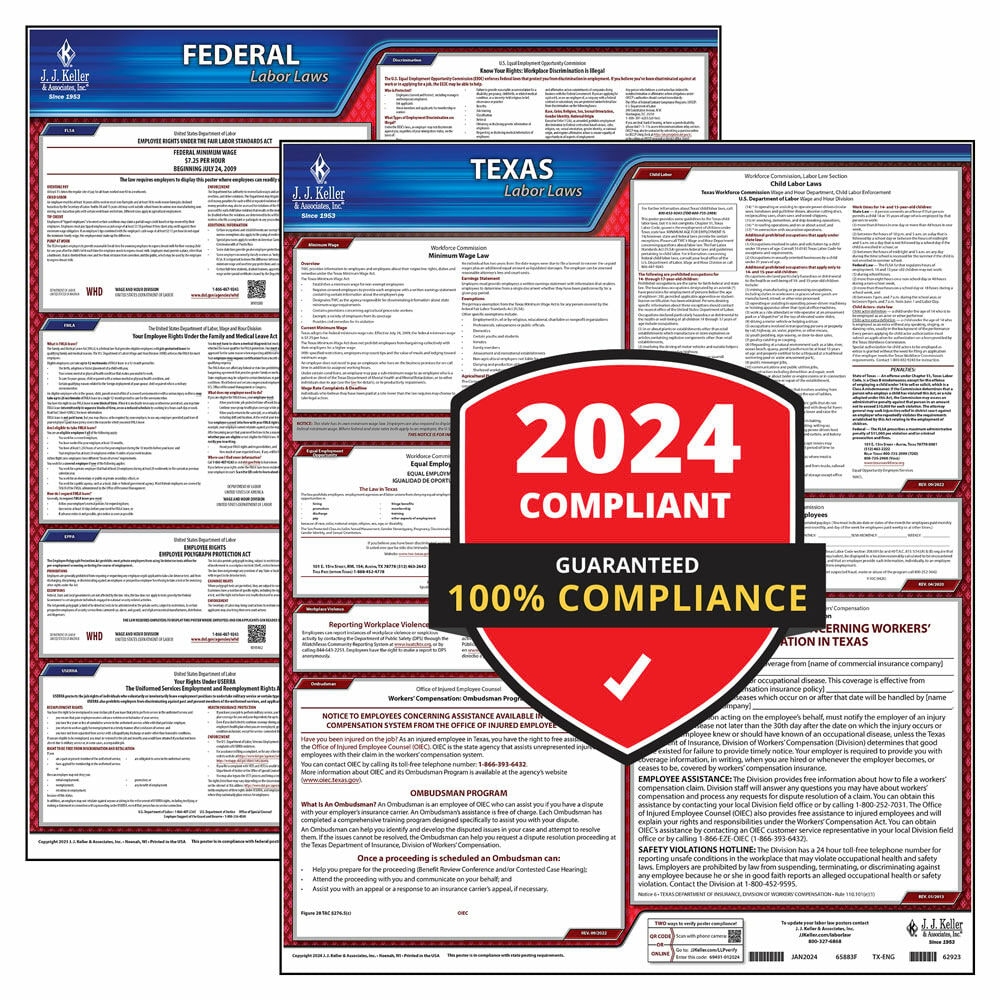 Texas & Federal Labor Law 2-Poster Set with Workers' Comp - TX State & Federal (20" x 24" English & Laminated for both)