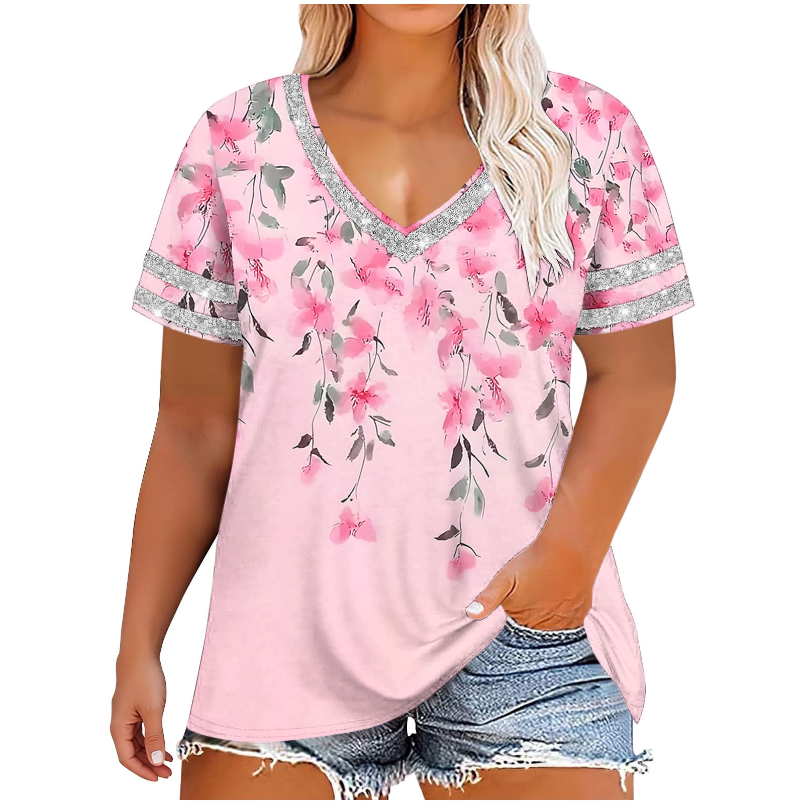 Cmfcve Women's Sequin Floral Printed V Neck T Shirts Short Sleeve Sparkly Tee Plus Size Casual Loose Party Top