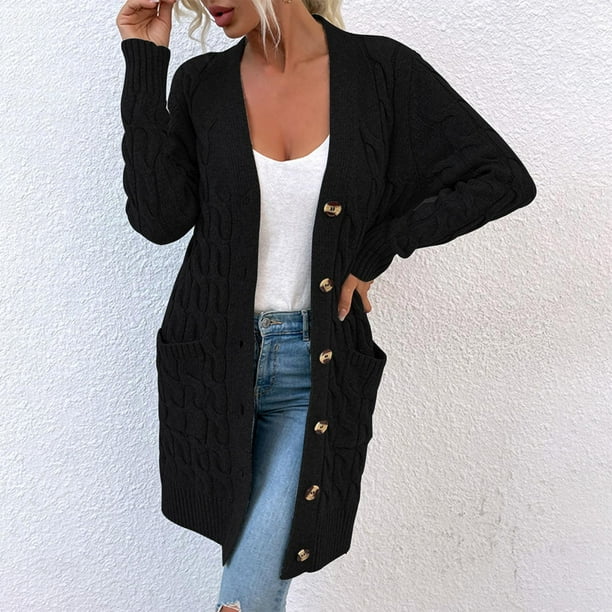 Cárdigan para mujer Suéter Mujer Suéter de manga larga de moda con frente  abierto con botones y bolsillos Suéteres de punto Cárdigan para mujer Negro 