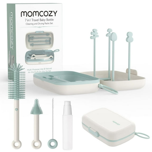 Momcozy 7 in 1 baby bottle cleaning kit featuring silicone brush set, nipple brush, straw brush, soap dispenser spray bottle, drying rack with multiple holders inside a compact travel case.