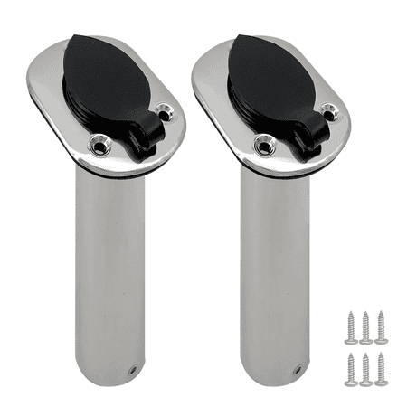 ISURE MARINE 2PCS Boat Stainless Steel Polished Fishing Rod Holder Flush Mount 15 Degree Casting Flange with Rubber Cap Liner Gasket PVC Cap and Inner Tube for Marine Yacht Kayak
