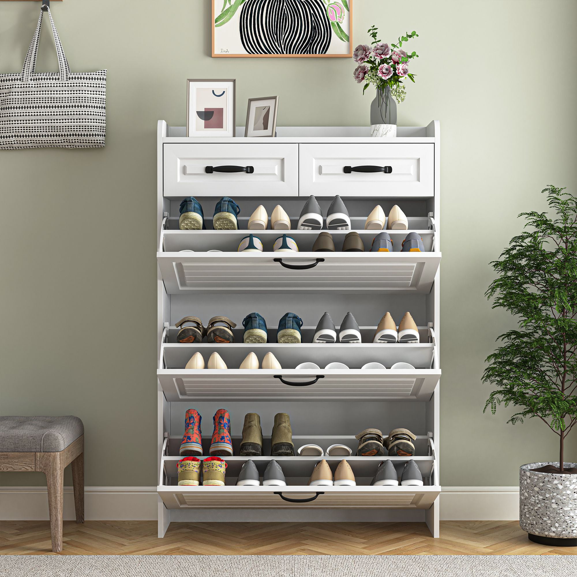 Demi Bonn Narrow Shoe Storage Cabinet, Shoe Cabinet for Entryway with 3 Flip Drawers, Wood Hidden Freestanding Shoe Organizer for Hallway, Bedroom, Apartment, White