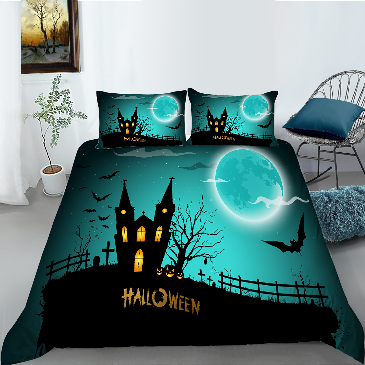 Blue Sky Halloween Theme Floral Comforter Cover Set Bedding
