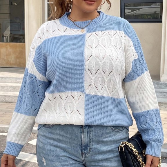 IUYRTFE Women Plus Size Color Block Crew Neck Sweater Long Sleeve Casual Pullover for Fall Winter Daily Wear