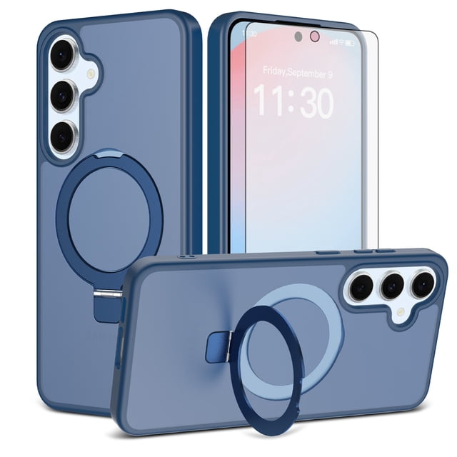 Asuwish Phone Case for Samsung Galaxy S24 FE 5G Tempered Glass Screen Protector Magnetic Folding Stand Frosted Translucent Rugged Shockproof Protective Cell Cover S 24 EF AI S24FE 24S Women Men Blue
