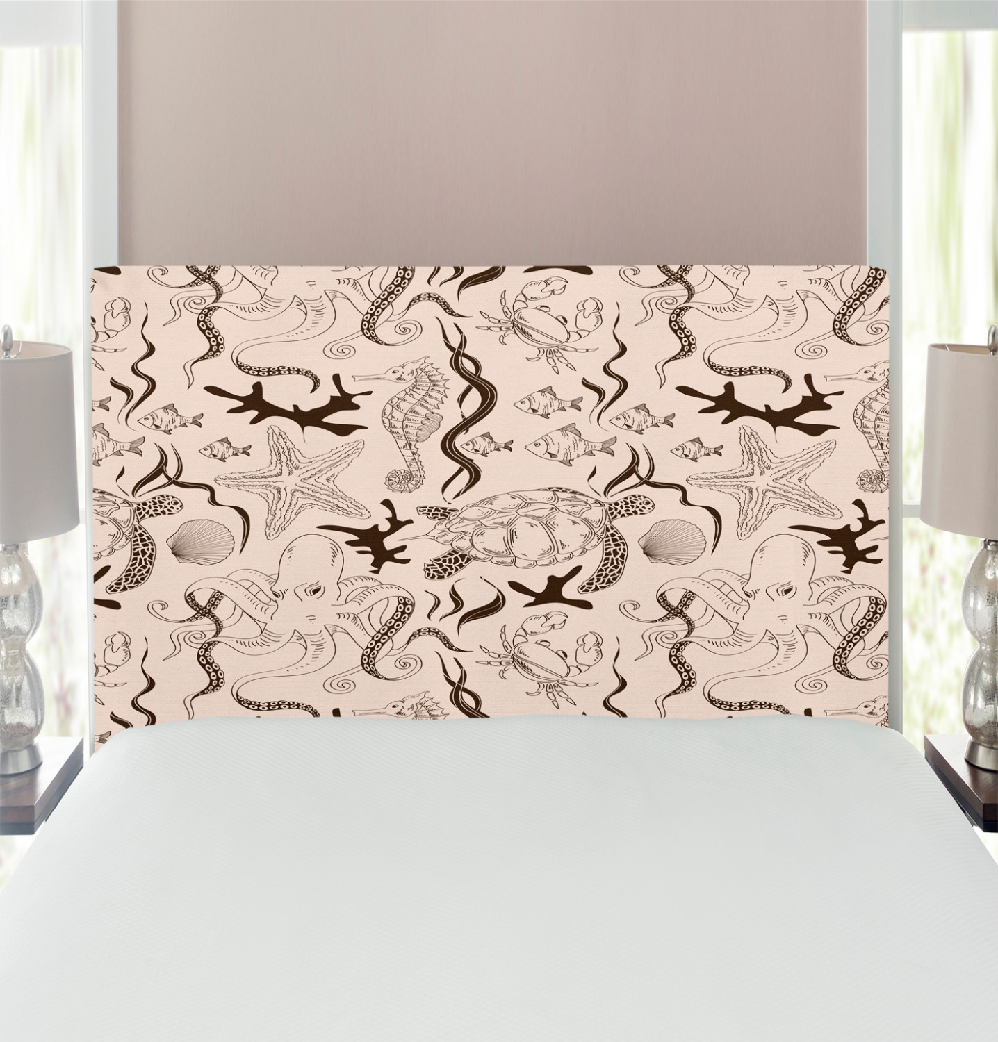 Beige Headboard, Contemporary Illustration of Marine Animals in Retro