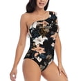 thumbnail image 3 of Zufioo Lilies Flowers Print One-shoulder Ruffled One-piece Swimsuit, High Elastic Integrated Removable Chest Pad Swimsuit Suitable for Beach, Pool and Vacation-Medium, 3 of 6