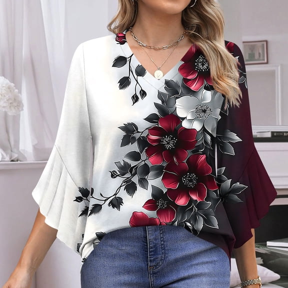 Jsaierl Women's 3/4 Length Flounce Sleeve Tops Casual V Neck Shirts Boho Graphic Ladies Blouses Soft Cotton Tunic Top S-2XL