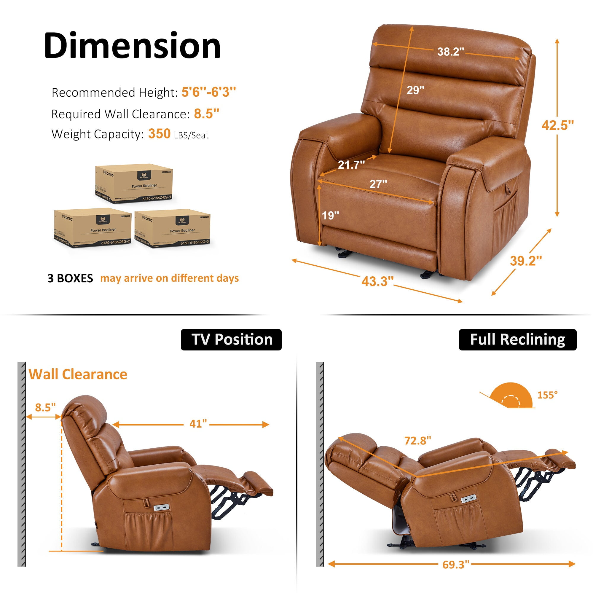 MCombo 27‘’ Extra Wide Oversized Power Recliner Chair for Big Tall Adults, Faux Leather, Orange