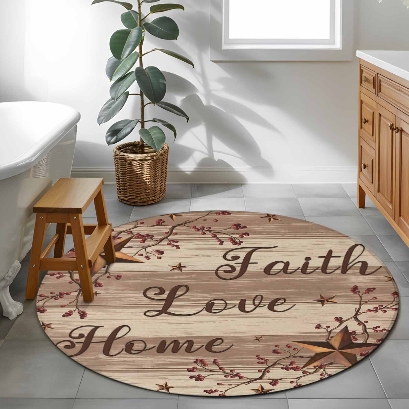 Round Rugs 3 Ft, Texas Stars Vintage Non Slip Area Rugs for Kitchen Bedroom Entryway, Brown Beige Washable Carpet Runner Rug Floor Mats for Bedroom Home Decor Retro Branches Berry