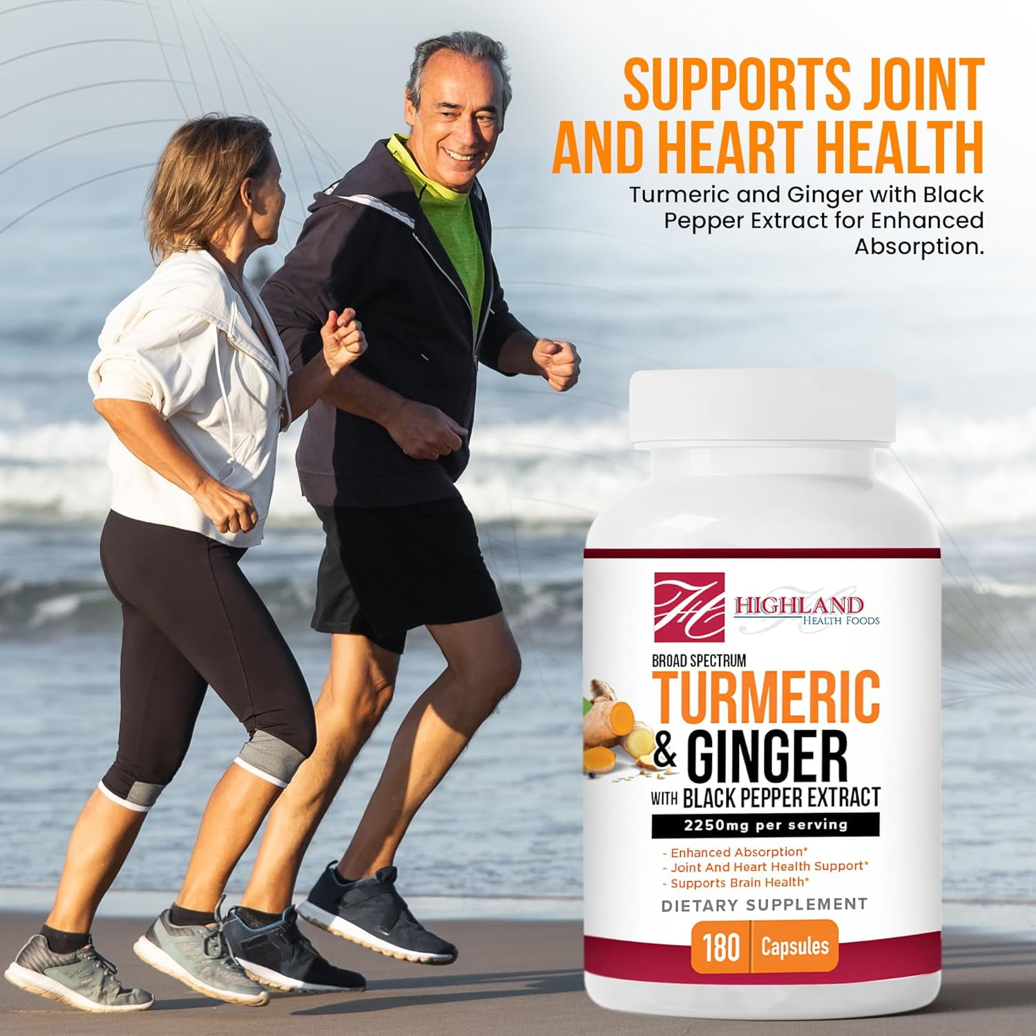 Highland Health Foods Turmeric 2250mg with Ginger Root & Black Pepper Extract 180 Capsules