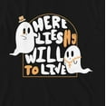 thumbnail image 2 of Kids Halloween Dapper Ghost With Gangster Ghost Here Lies My Will To Live Youth Black Short Sleeve Crew Neck Tee-Medium, 2 of 4
