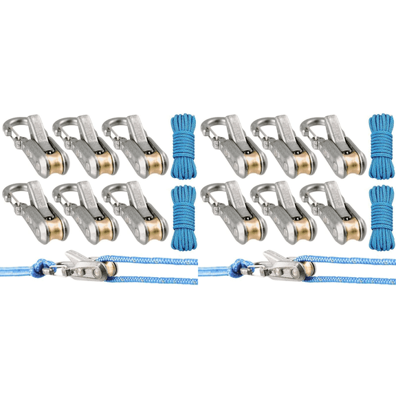 12-Pack Paracord Adjusters Roller Rope Tensioner - Heavy-Duty Knot-Free Guy Line Tightener, Stainless Steel & Brass Cinch Lock for Camping Tarps Tents Boating Outdoor Gear (with Reflective Cords)