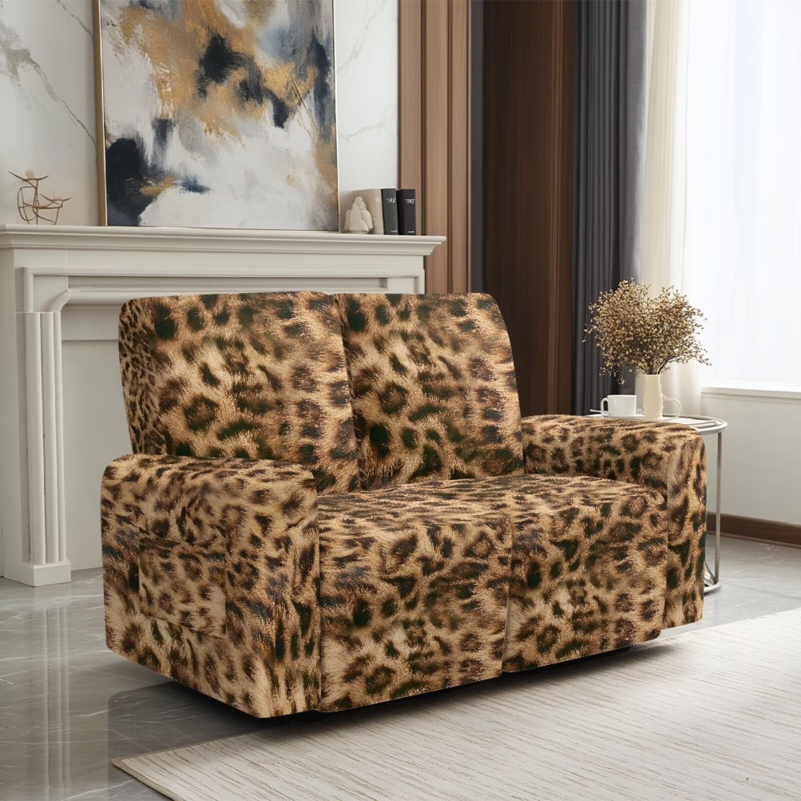 Yuyamidu Brown Leopard Print Loveseat Recliner Covers 2 Seater Soft Recliner Loveseat Slipcover with Elastic Edge Easy to Install Furniture Protector