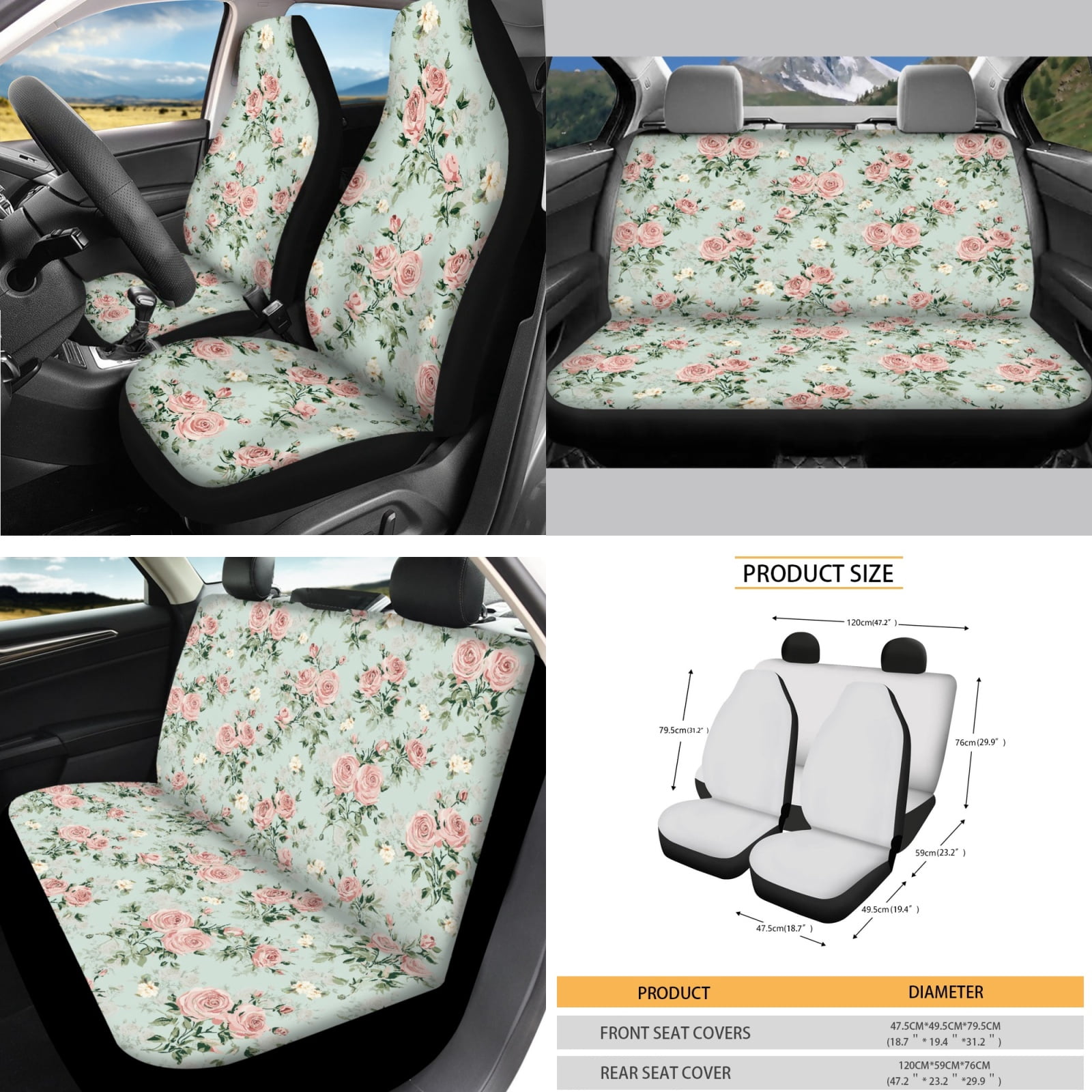 Yuyamidu 14 Piece Pink Rose Car Seat Cover Set with Steering Wheel Cover Green Seat Belt Strap Cover Garbage Bin Armrest Cover Rearview Mirror Cover Coaster Gear Shift Knob Cover Set for Women