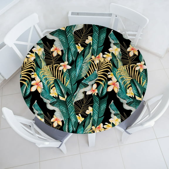 Ambesonne Tropical Fitted Round Tablecloth, Plumerias Gold Exotic Leaf, 40"- 44" Diameter, Pale Orange Forest Green