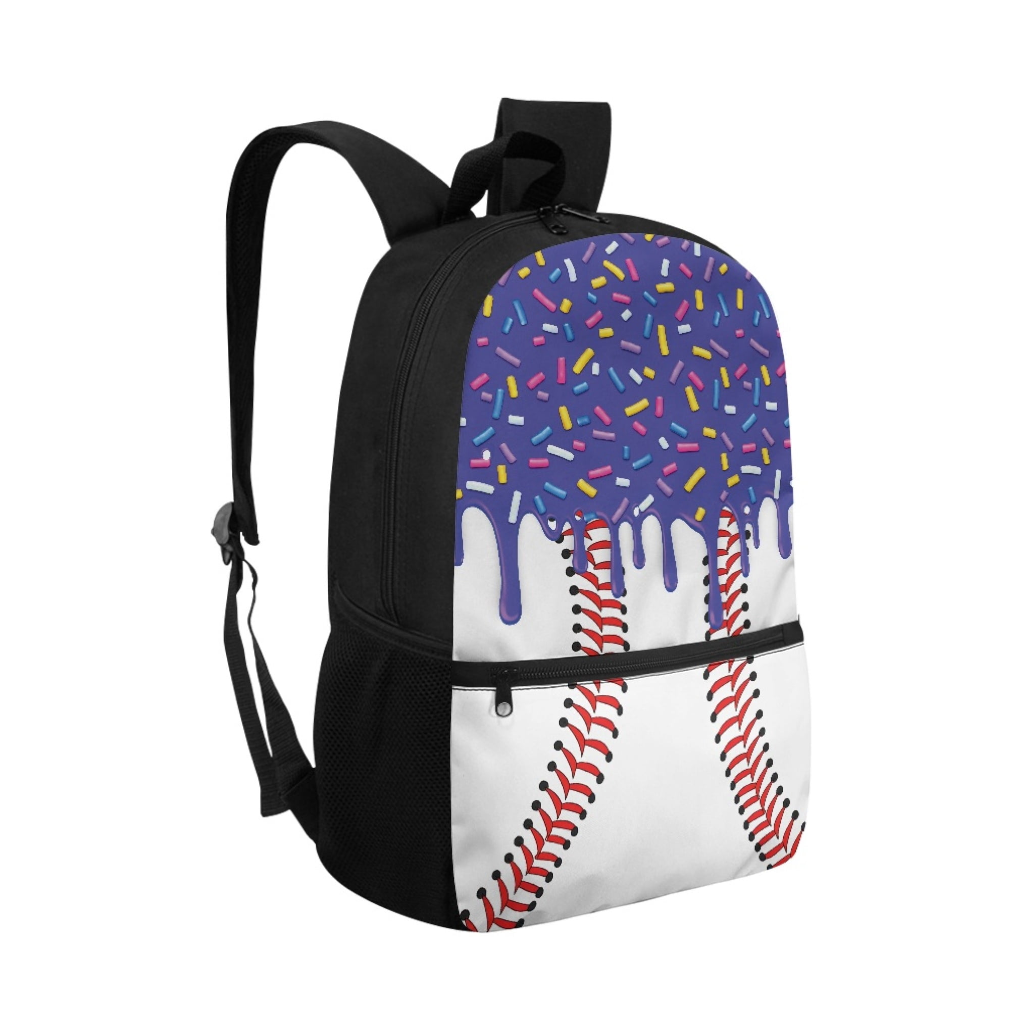 Uourmeti Baseball Sprinkle Drip Pattern Side Mesh Pockets Backpack, 17 Inchs Multiple Pockets Polyester Backpack Smooth Zippers Daypack for Adults
