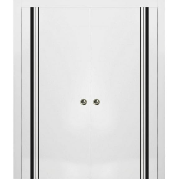 Sliding French Double Pocket Doors 36 x 80 inches | Planum 0011 White Silk with Frosted Glass | Kit Trims Rail Hardware | Solid Wood Interior Bedroom Sturdy Doors