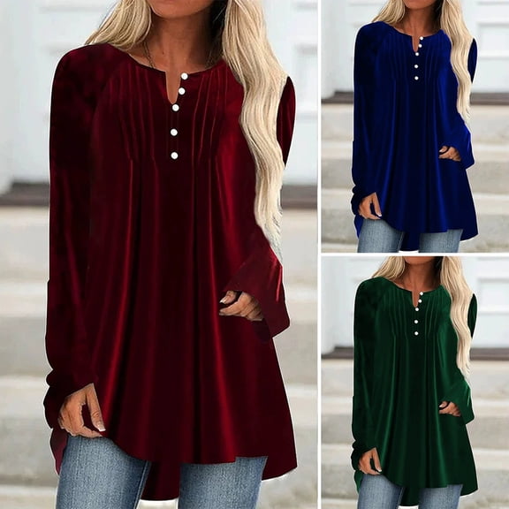 Valcatch Women Pleated Button Down Velvet Tunic Tops Loose Elegant Dressy Shirts Long Sleeve Casual Party Blouses Plus Size V Neck Shirts