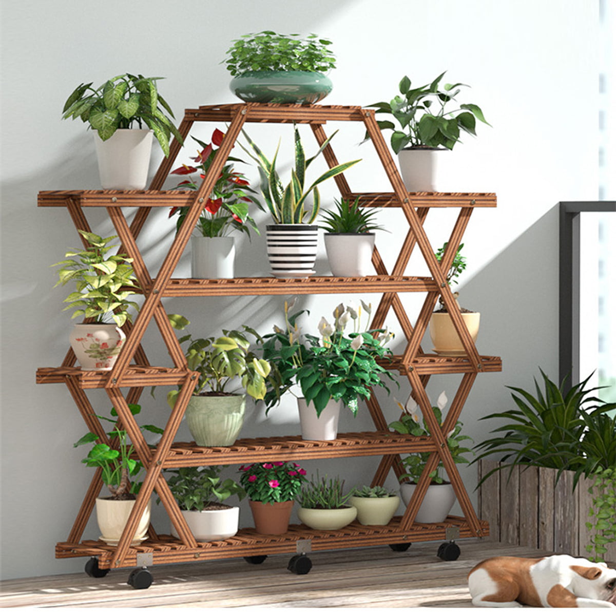 H Style Large Flower Display Rack 11 Tiers Garden Planter Stand Carbonized Wood 