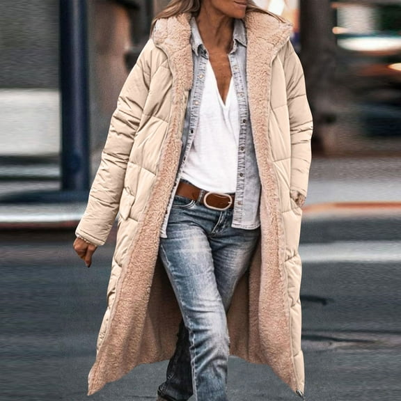 Dwralegc Long Puffer Jacket Womens Long Sleeve Warm Plus Size Long Puffer Jackets Winter Trendy Zip Up Shearling Coats Heavyweight Hooded Sherpa Lined Jacket with Pockets Beige M