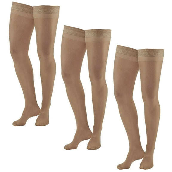Ames Walker AW Style 74 Soft Sheer 8-15 mmHg Mild Compression Thigh High Stockings w/Band (3 Pack) Natural Small