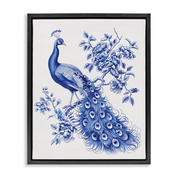 Vintage Peacock in Toile Style Black Framed Floater Canvas Wall Art, design by Lettered and Lined