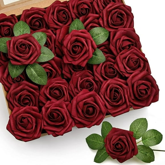 Mocoosy 50 Pcs Fleurs Artificielles Rose, Fausses Roses Bourgogne pour Décorations, Rose en Mousse Toucher Réaliste en Vrac avec Tiges pour Bricolage Bouquets de Mariage Douche Nuptiale Centres de Table Fête Déco Maison