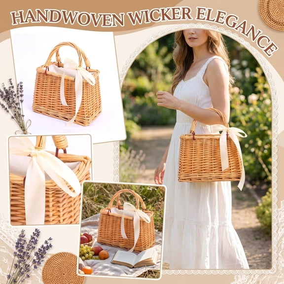 Handwoven Rattan Handbag, Wicker Rectangle Basket Purse with White Ribbon, Summer Beach Top Handle Clutch, Boho Style Woven Purse, Rustic Flower Basket