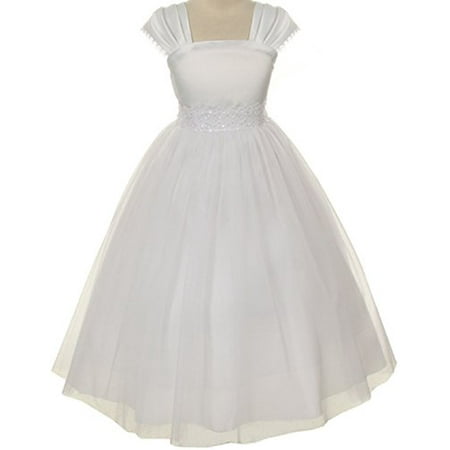 Flower Girl Cap Sleeved Beaded White Dress First Holy Communion Size 2-16 (4, (First In Best Dressed)