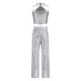 thumbnail image 3 of AOCHANG Girls Shiny Sequin Pants Dance Outfit with Mock Neck Metallic Crop Tops Jazz Hip Hop Disco Dancewear Silver 10, 3 of 6
