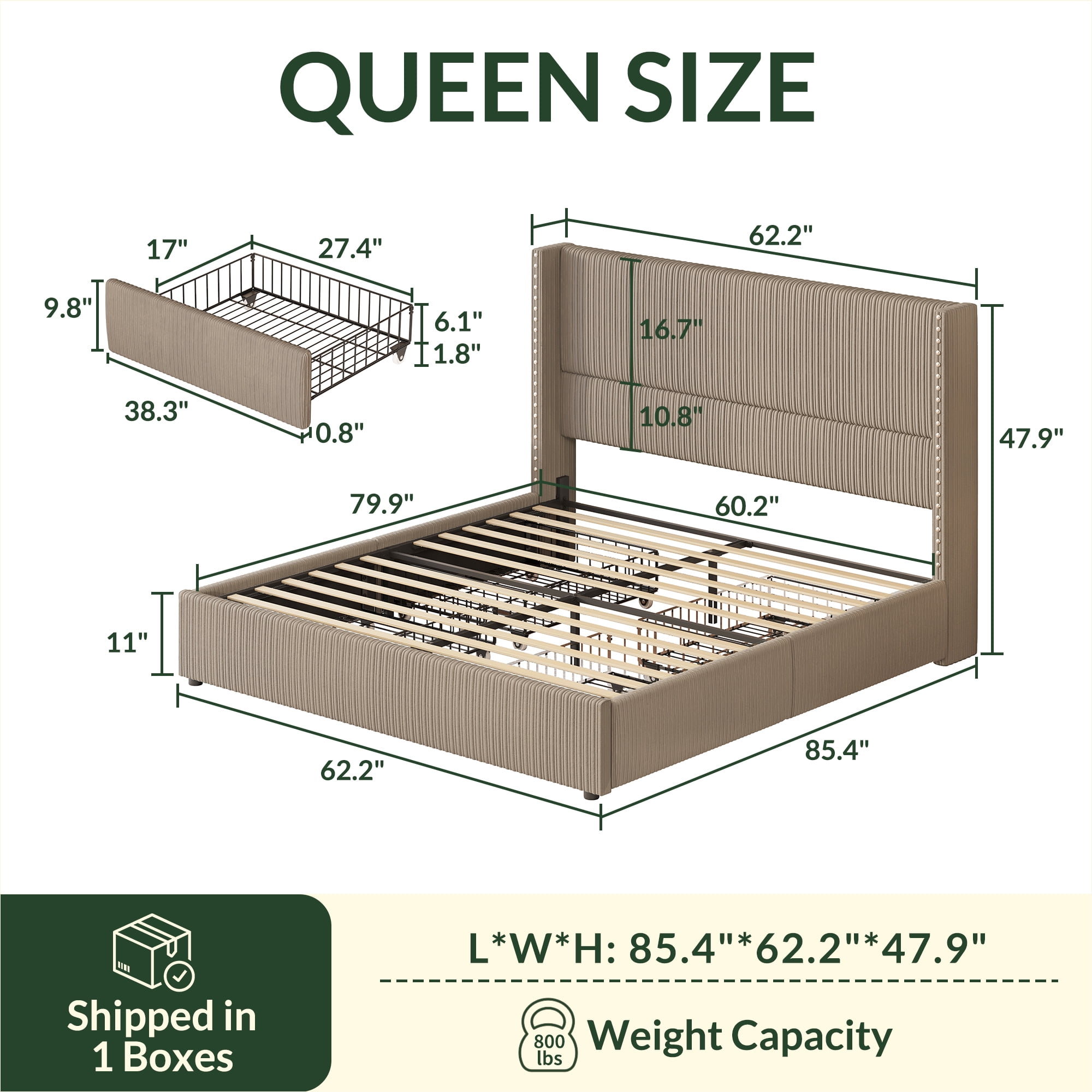Breltam Upholstered Corduroy Bed Frame Queen Size with 4 Storage Drawers,Platform Bed Frame with Vertical Stripe Wingback Headboard,Brown