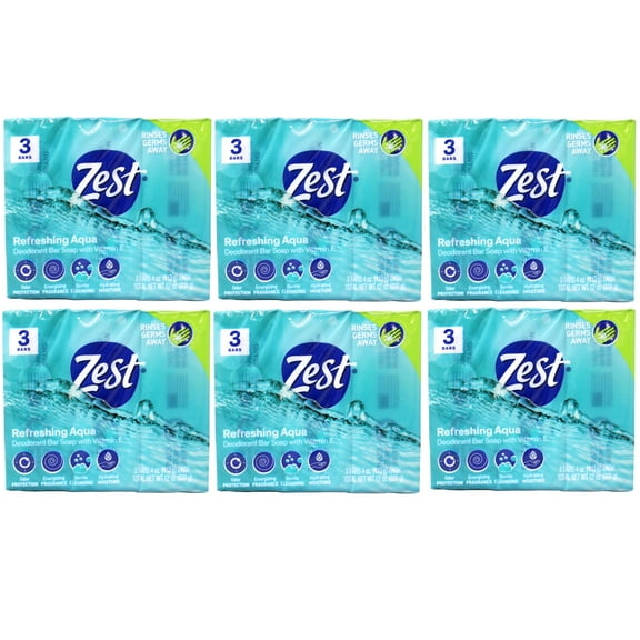 Zest Refreshing Aqua Bars Deodorant Bar Soap with Vitamin E, 3 Bars 4 OZ (113g) Each - 6 Pack