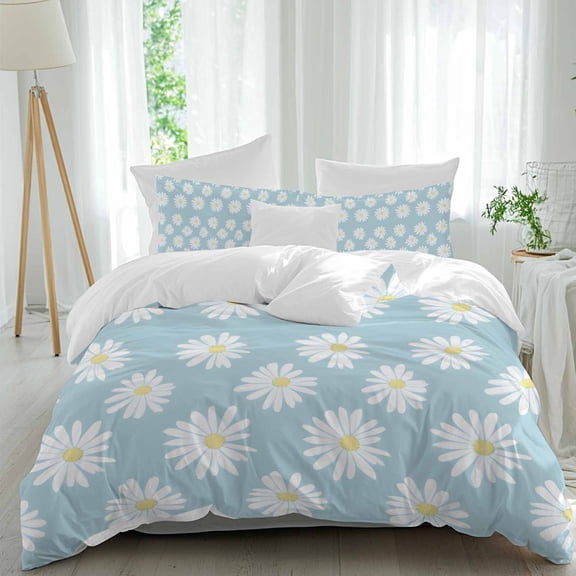 3 Piece White Teal Daisy Duvet Cover Set Full Size, Microfiber Comforter/Quilt Cover with Corner Ties and 2 Pillowcases, Spring Summer Floral Farmhouse All Season Soft Bedding with Zipper Closure
