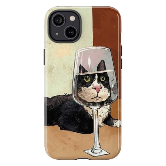 Tuxedo Cat in Wine Glass Art Phone Case, Funny Feline Cover for iPhone 17 16 15 14 13 12 11 Pro Max Plus Mini