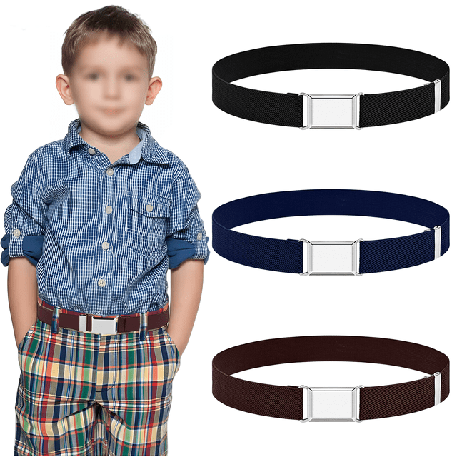Paquete de 3 cinturones elásticos para niños, 2,5 x 75 cm, cinturón elástico ajustable para niños, cinturón con hebilla magnética cuadrada, cinturón elástico para niños para pantalones