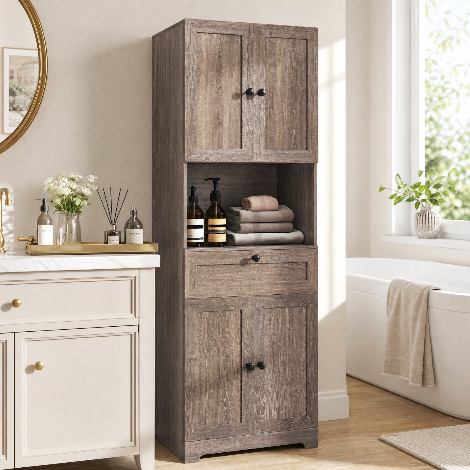 Furnibear 67.5 Inch Tall Modern Freestanding Floor Storage Cabinet with 4 Doors and 1 Drawer for Living Room Bedroom Entryway Hallway Storage, Oak
